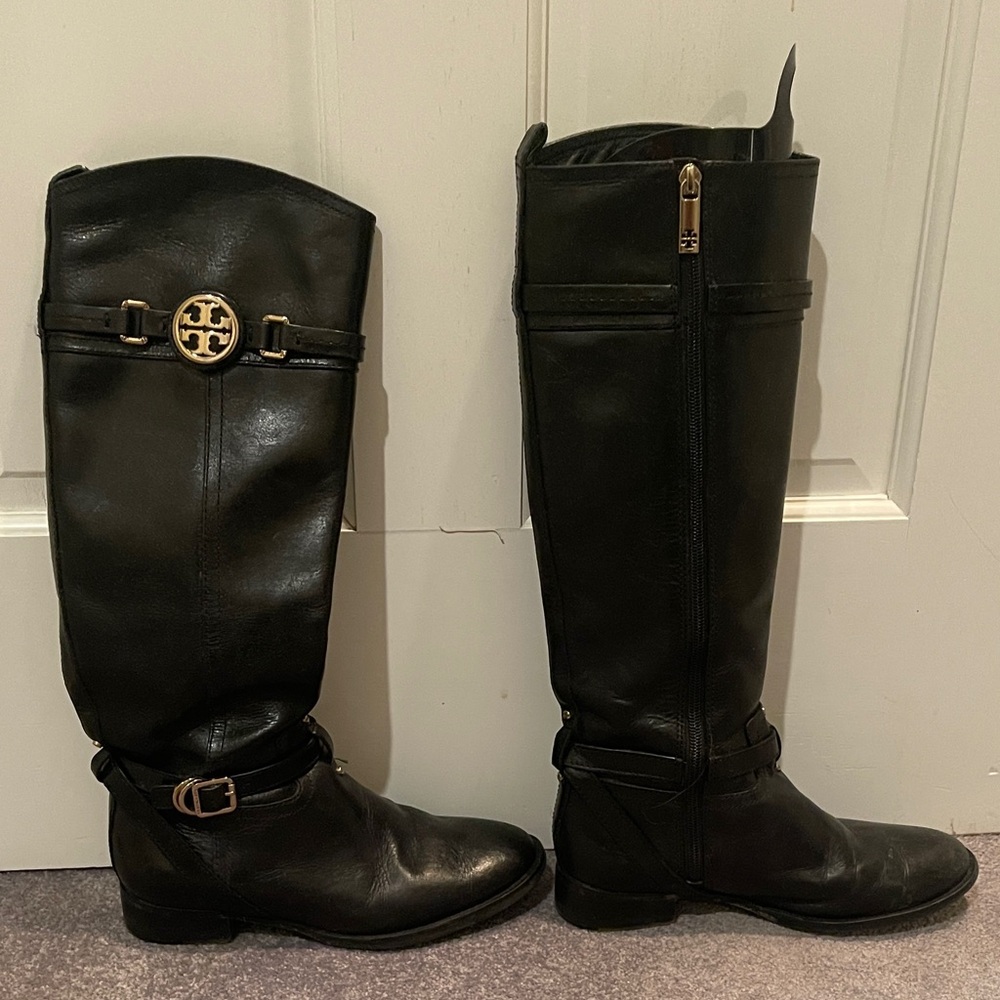 Tory Burch Black Leather Boots with Gold Emblem